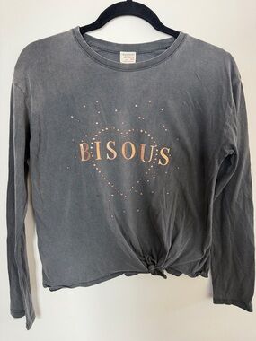 Zara Kids Charcoal Long-Sleeve 'Bisous' Tee with Rose Gold Print